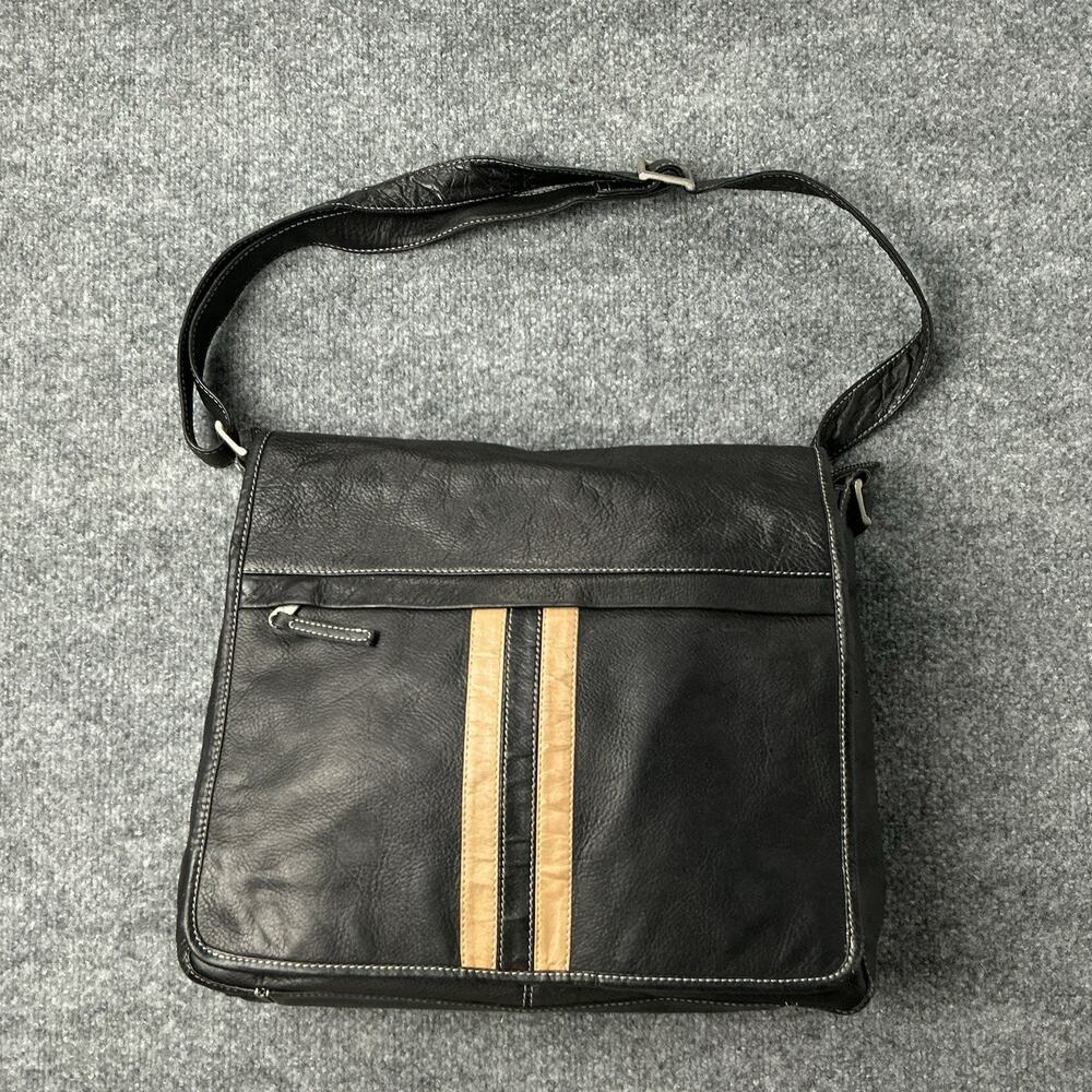 Vintage Black Pebbled Leather Messenger Bag Made in Colombia Striped Crossbody
